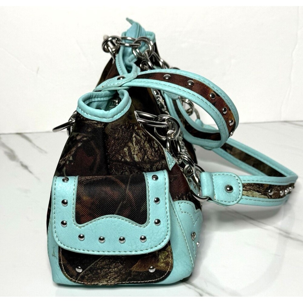 Heritage West Blue Green Camouflage Rhinestone Cross Western Double Strap Purse - Picture 10 of 13